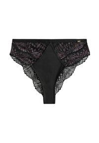 Panties in pizzo nero con motivi floreali intricati, dettagli semi-trasparenti e una parte anteriore in tessuto liscio per il massimo comfort. Include una cintura regolabile.