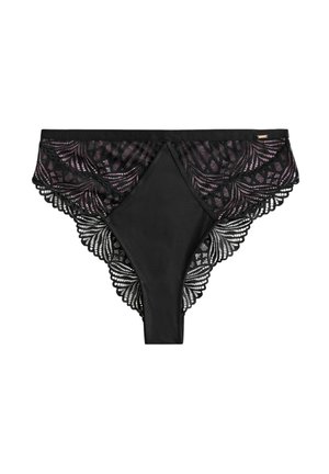 Zwarte kanten slips met ingewikkelde bloemenpatronen, semi-transparante accenten en een gladde voorkant voor comfort. Inclusief verstelbare tailleband.