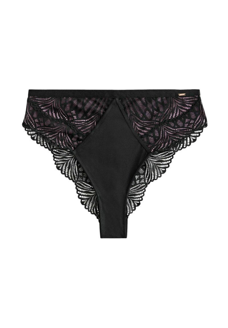 Panties in pizzo nero con motivi floreali intricati, dettagli semi-trasparenti e una parte anteriore in tessuto liscio per il massimo comfort. Include una cintura regolabile.