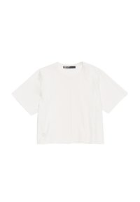 Biały t-shirt z krótkim rękawem z okrągłym dekoltem i subtelnym detalem logo. Wykonany z gładkiego materiału o luźnym kroju.