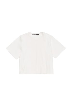 White short-sleeve t-shirt featuring a round neck and a subtle logo detail. Made of a smooth fabric with a relaxed fit.