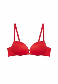 Reggiseno imbottito rosso con spalline regolabili e un piccolo gancio centrale, esposto piatto su uno sfondo bianco.