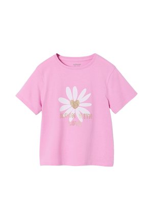 Pink short-sleeve children's t-shirt with white daisy and gold heart center, featuring glittery text "Bloom with Love" on front.