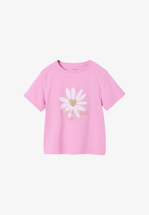 Pink short-sleeve children's t-shirt with white daisy and gold heart center, featuring glittery text "Bloom with Love" on front.