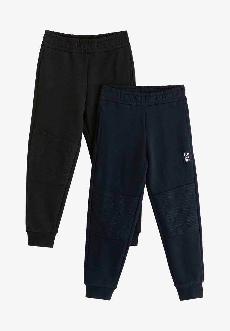 Two pairs of jogger pants: one black and one dark navy. Both feature elastic waistbands, textured knee panels, and cuffed hems.