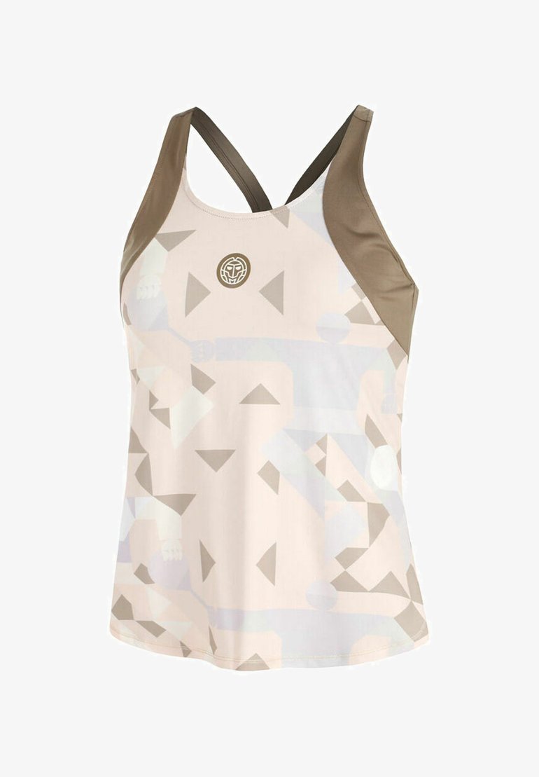 Sporttanktop in lichtroze met abstracte geometrische patronen in beige. Heeft gekruiste bandjes en een solide donkerbruin accent.