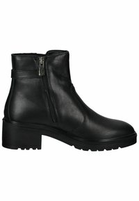 Botín de cuero negro hasta el tobillo con cremallera lateral, puntera redondeada y tacón bajo en bloque. Parte superior texturizada con acabado suave y detalles de costura mínimos.