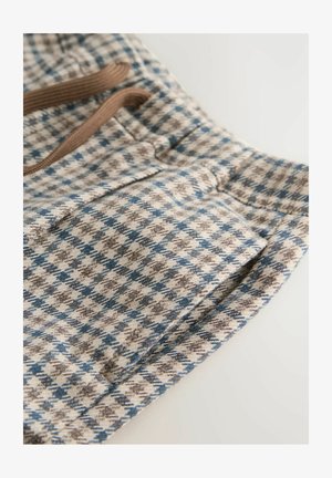 Rutiga tygshorts med ett mönster i blått, brunt och beige, med en mjuk textur, elastisk midja och sidofickor.