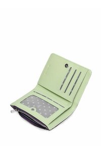 Mint green leather wallet with a zip closure, three card slots, and a clear ID slot featuring a polka dot pattern inside.