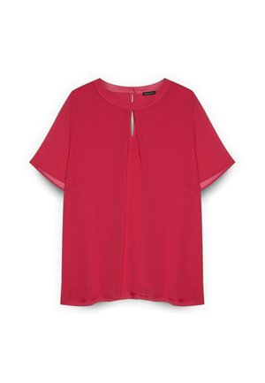 Blusa rossa a maniche corte con scollo rotondo, ritaglio a forma di chiave sul davanti e vestibilità ampia.