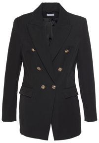 Černý dvouřadý blejzr se zlatými knoflíkovými detaily, se zkosenými klopami a dvěma předními kapsami. Vyroben z hladkého materiálu s strukturovaným střihem.