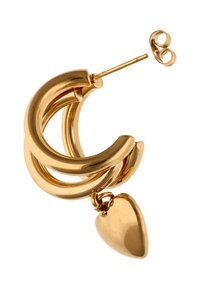 Goldene Creolenohrringe, die sich durch ineinander verwobene kreisförmige Formen mit glanzvollem Finish auszeichnen, und am unteren Ende mit einem herabhängenden Herzanhänger akzentuiert sind.