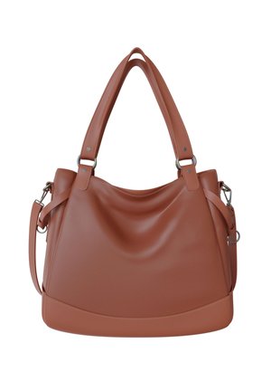 Brown leather handbag with double handles and detachable shoulder strap, featuring silver-tone metal hardware and a slightly slouched shape.