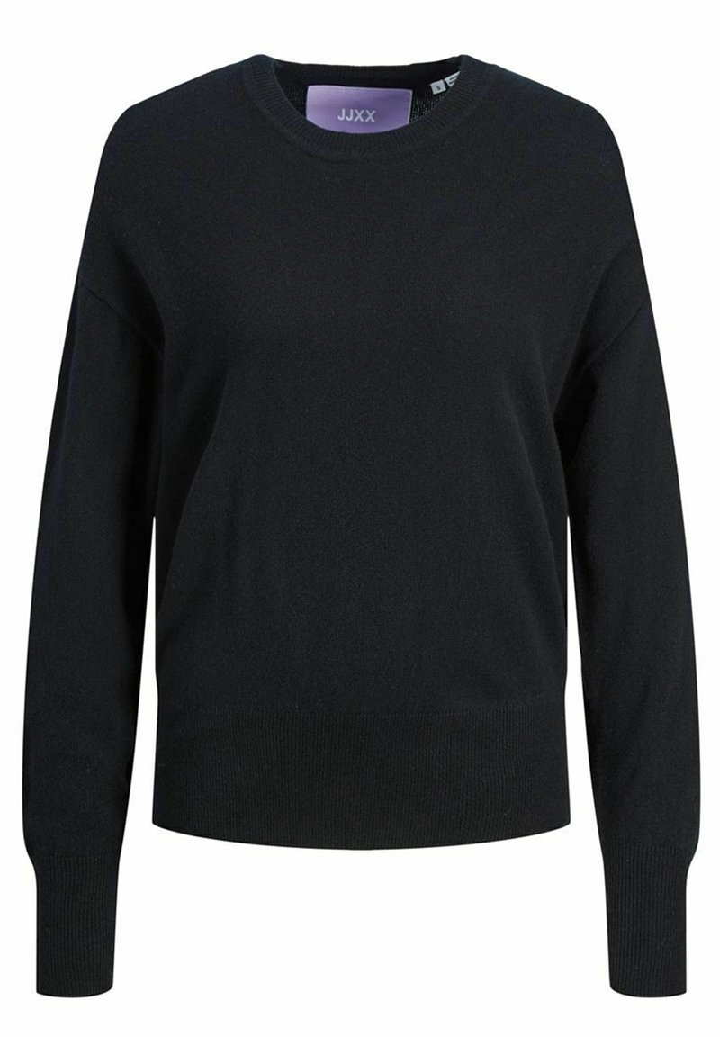 Black, long-sleeve sweater with a round neckline. Made from soft knit material, features ribbed cuffs and hem, brand label visible inside.