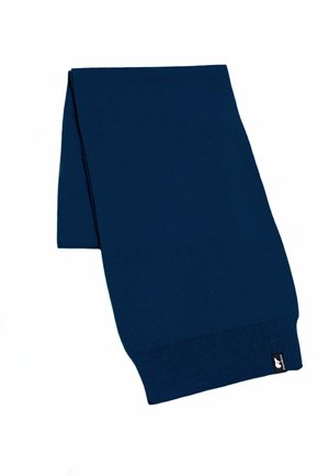 Sciarpa in maglia blu scuro con una texture liscia, dotata di un bordo a costine e di un piccolo logo etichetta su un'estremità.