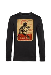 Felpa nera con una stampa grafica di uno scheletro zombie che tiene un cervello, con testo su uno sfondo crema.