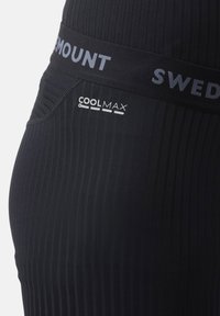 Black ribbed leggings made from CoolMax material, featuring a wide waistband with "SWEDMOUNT" branding and a smooth texture.