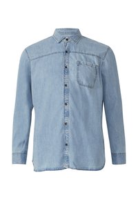 Lichtblauwe denim overhemden met lange mouwen, met knoopsluiting aan de voorkant, puntige kraag, borstzak en zichtbare stikdetails.