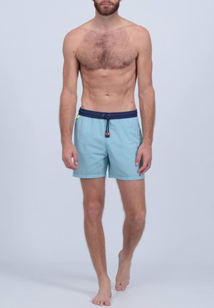 Shorts de bain rayés bleu et blanc avec une taille marine, fermeture à cordon et accents en bois. Tissu léger, longueur au-dessus du genou.