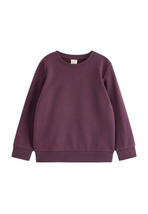 Ensfarvet lilla langærmet crewneck-sweatshirt med ribstrikkede manchetter og kant, vist fladt på en hvid baggrund.