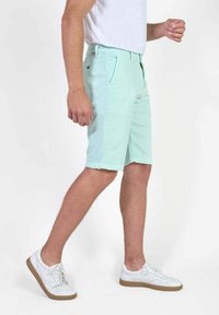Lichtgroene katoenen shorts met een gladde voorkant, twee zijzakken en subtiele stikdetails, gedragen met witte sneakers.