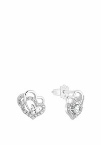 Silver hjärtformade studörhängen med sammanflätade öppna hjärtan, dekorerade med små klara kristaller och en större central hjärtkristall.