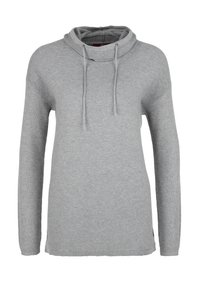 Maglione grigio chiaro a maniche lunghe con collo a cappuccio, texture a coste e cordini regolabili. Orlo arrotondato e spacchi laterali per facilitare i movimenti.