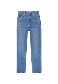 Vaqueros de denim de pierna recta en azul claro, con cinco bolsillos, cierre de botón y cremallera, y un suave desvanecimiento en la parte frontal.