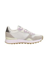 Sneakers in light gray and cream, mix of mesh and suede, metallic accents, flat white sole with rubber grip, purple detailing on laces.