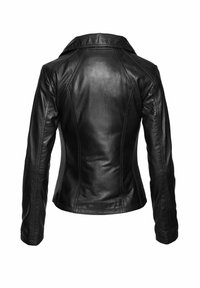 Veste en cuir noir au design ajusté, col cranté et détails de couture visibles. Texture lisse et manches longues.