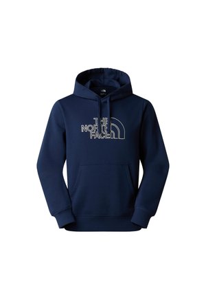 Felpa blu navy con cappuccio, tasca frontale e logo "THE NORTH FACE" bianco con contorno sul petto.