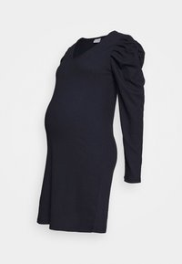 Svart gravidklänning med V-ringning, långa puffärmar och en figursydd silhuett, tillverkad av en texturerad stretchväv.