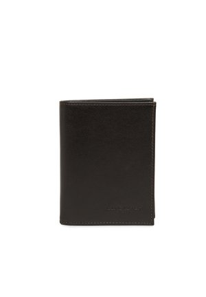 Portefeuille en cuir noir avec une texture lisse, design pliable et logo de la marque en relief. Présente des coutures contrastées le long des bords.