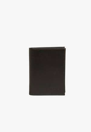 Black leather wallet with a smooth texture, fold-over design, and embossed brand logo. Features contrast stitching along the edges.