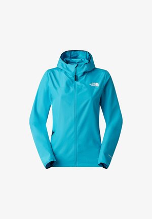 Giacca impermeabile con cappuccio azzurro chiaro, dotata di zip frontale e tasche laterali, con il logo The North Face sul petto.