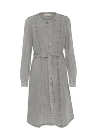 Gray denim dress with a round collar, button front, long sleeves, and a belted waist. Features side pockets and vertical seam detailing.