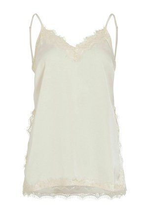 Camisole en satin couleur crème avec bordure en dentelle le long de l'encolure, des côtés et de l'ourlet, avec fines bretelles réglables.