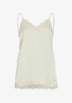 Cream-colored satin camisole with lace trim along the neckline, sides, and hem, featuring thin adjustable shoulder straps.