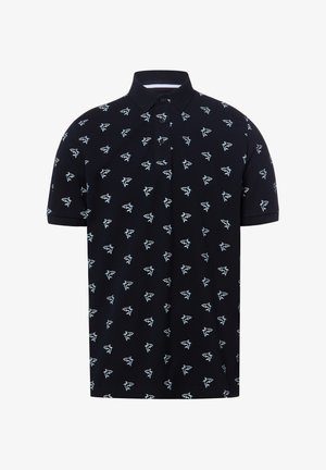 Polo nera a maniche corte con colletto, tre bottoni e un motivo su tutta la superficie con piccole icone bianche di squali.