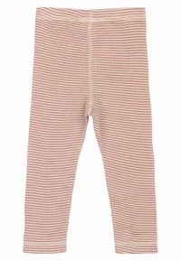 Leggings de color rosa claro con finas rayas blancas, hechos de un tejido suave. Cuentan con una cinturilla elástica y dobladillos cosidos. Sin bolsillos.