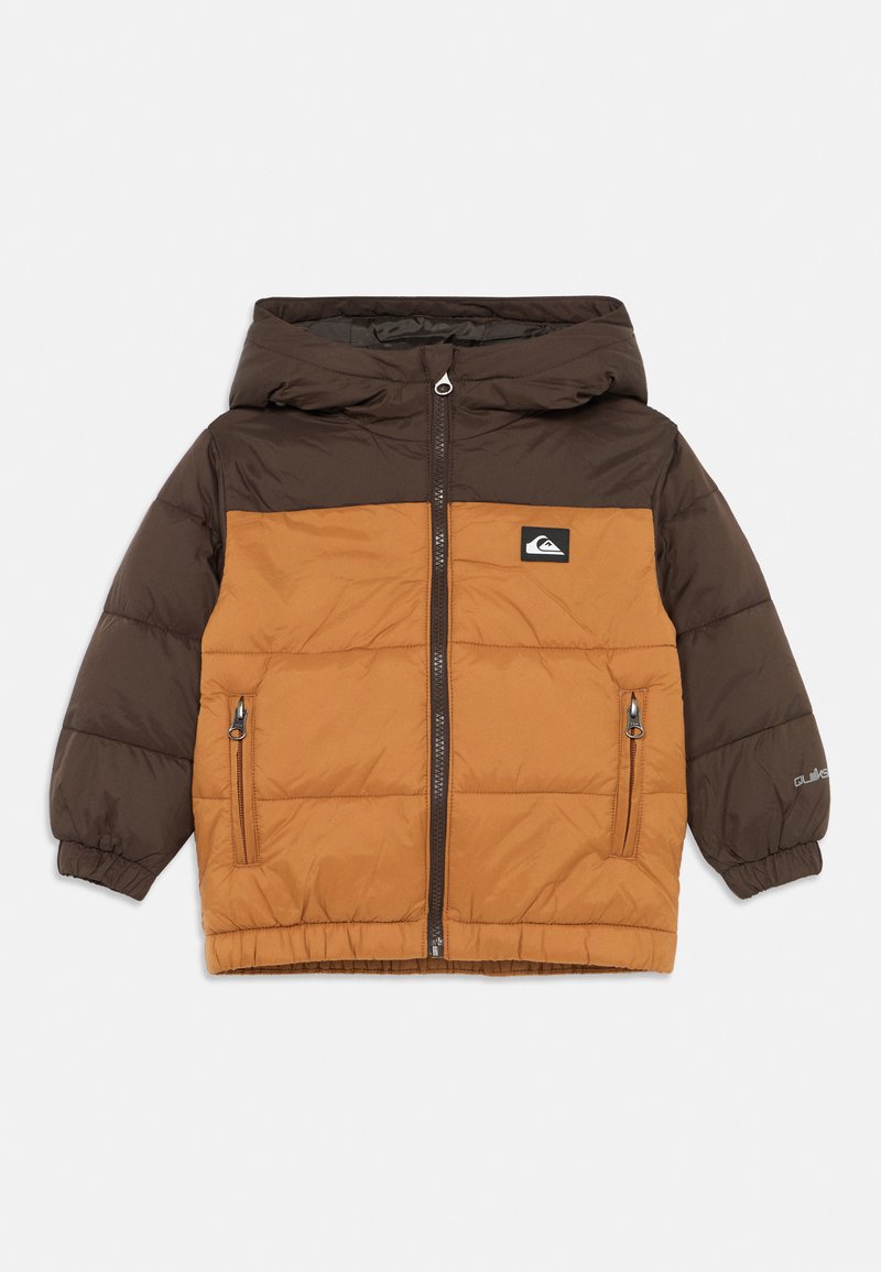 Puffer jacket with a brown hood and sleeves, and a tan body. Features a front zipper, two side pockets, and logo patch on the chest.