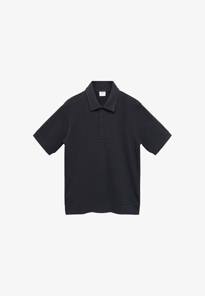 Black polo shirt made of smooth cotton material. Features a classic collar, short sleeves, and a three-button placket.