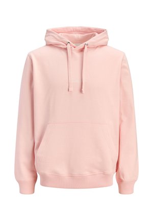 Rožnata jopa z mehkega materiala, z nastavljivo kapuco, kengurujim žepom, rebrastimi manšetami in robom ter minimalističnimi šivi.