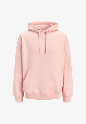 Roosa kapuutsiga pusa, mis on tehtud pehmest materjalist, varustatud nööriga kapuutsiga, kängurutasku, soonikkoes varrukate ja servaga ning minimalistlike õmblusdetailidega.