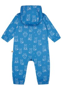 Il vestito intero blu presenta un motivo ripetuto di gufi bianchi. Ha un cappuccio, maniche lunghe e una chiusura con cerniera sul davanti.