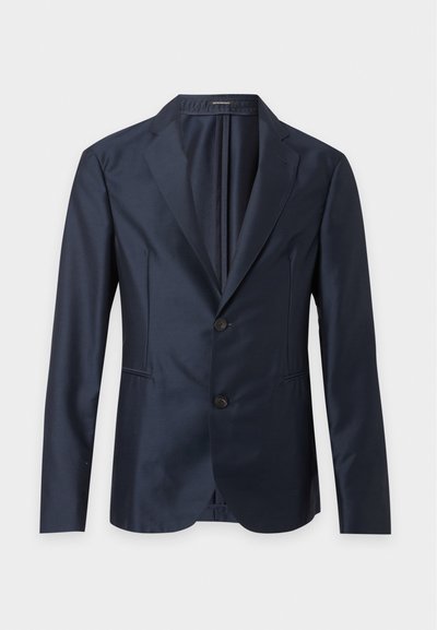 Blazer bleu marine foncé à simple boutonnage avec deux boutons, revers crantés et manches longues, présenté sur un fond clair.