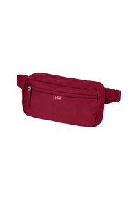 Borsa a vita rossa in tessuto con scomparto principale con zip, una tasca anteriore aggiuntiva e una tracolla regolabile. Superficie strutturata.