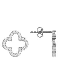 Orecchini a bottone d'argento a forma di trifoglio, adornati con pietre scintillanti e trasparenti lungo i bordi, dotati di un supporto dritto.