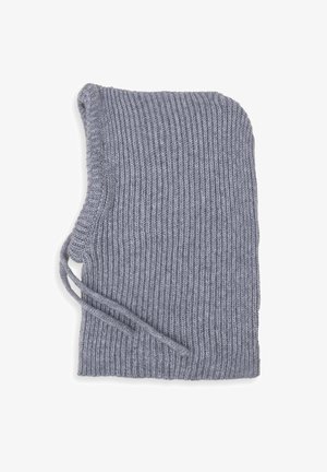 Dzianinowy szary dodatek o prążkowanej teksturze, z regulowanym sznurkiem do bezpiecznego dopasowania. Gładki, wydłużony kształt.