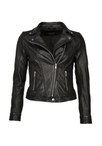 Veste de motard en cuir noir avec fermeture éclair avant asymétrique argentée, deux poches zippées, col pressionné et manches longues.
